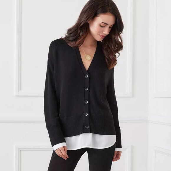 148$ Karen Kane Layered Buttons Front Cardigan Sweater Women's Size M Black - Picture 1 of 4